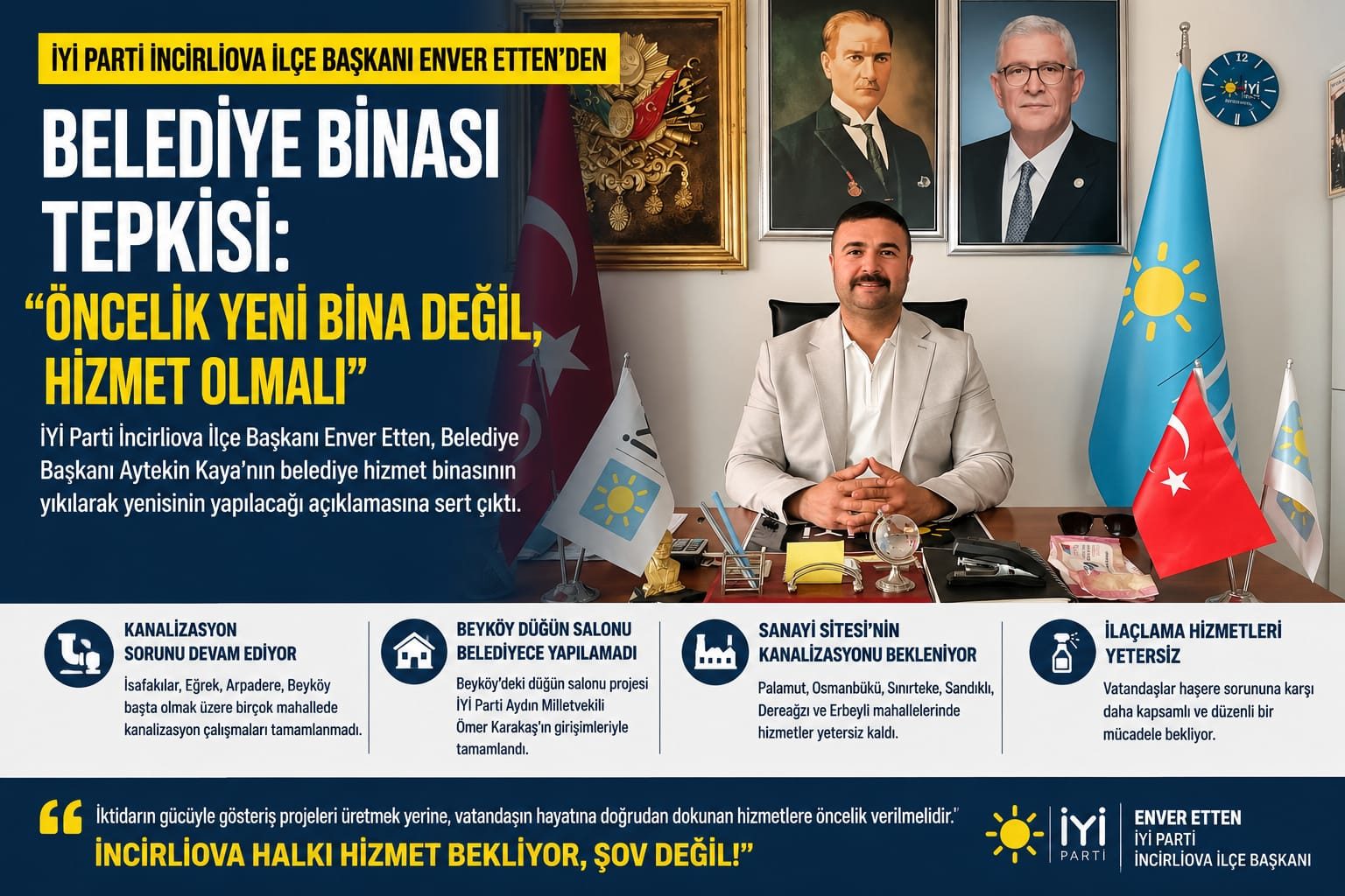 İYİ Parti İncirliova İlçe Başkanı Enver Etten’den Belediye Binası Tepkisi: “Öncelik Yeni Bina Değil, Hizmet Olmalı”