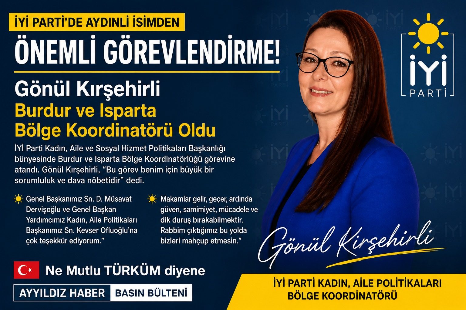 İYİ Parti'de Aydınlı İsimden Önemli Görevlendirme: Gönül Kırşehirli Burdur ve Isparta Bölge Koordinatörü Oldu