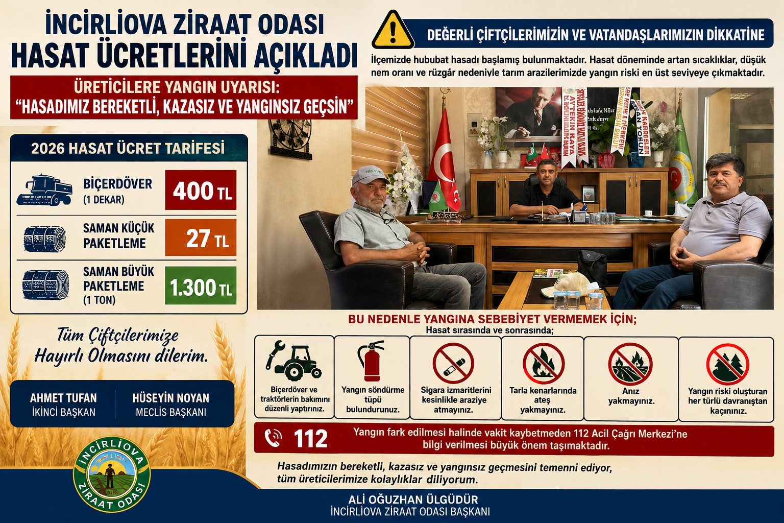 İNCİRLİOVA ZİRAAT ODASI HASAT ÜCRETLERİNİ AÇIKLADI