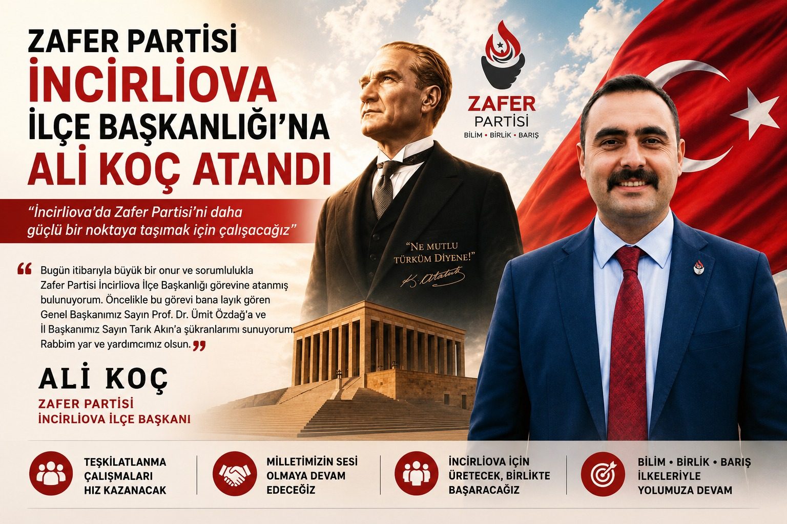 ZAFER PARTİSİ İNCİRLİOVA İLÇE BAŞKANLIĞI'NA ALİ KOÇ ATANDI