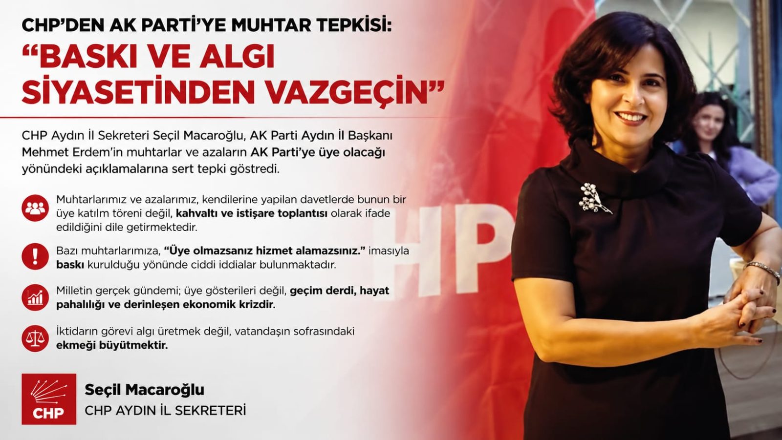 CHP’DEN AK PARTİ’YE MUHTAR TEPKİSİ: “BASKI VE ALGI SİYASETİNDEN VAZGEÇİN”