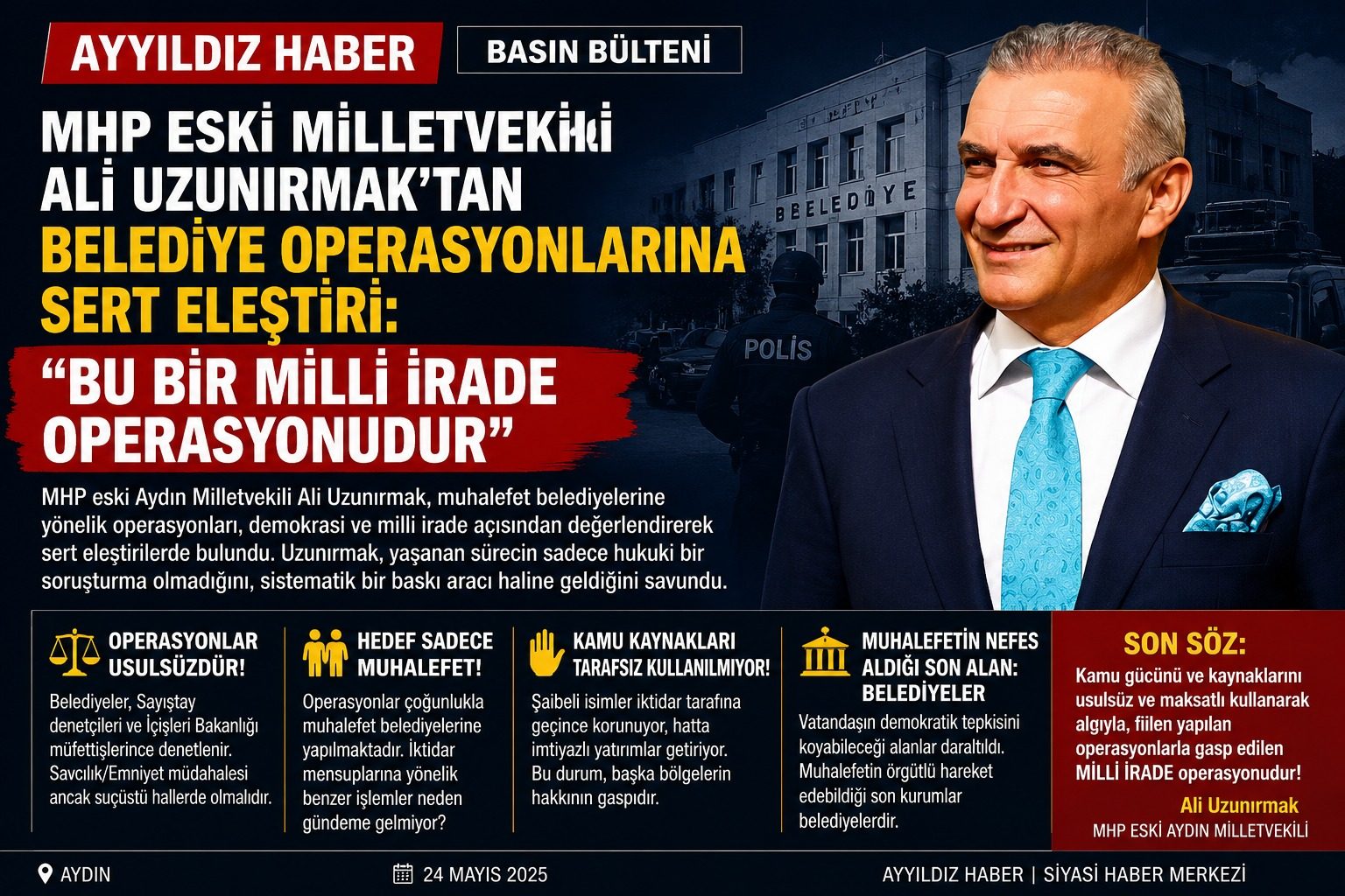 MHP Eski Milletvekili Ali Uzunırmak’tan Belediye Operasyonlarına Sert Eleştiri: “Bu Bir Milli İrade Operasyonudur”